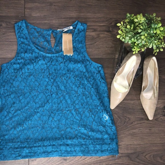 NWT Rafaella Top Womens Medium Sheer Lace Mesh Blue Floral Beach Boho Blouse… - Picture 12 of 12